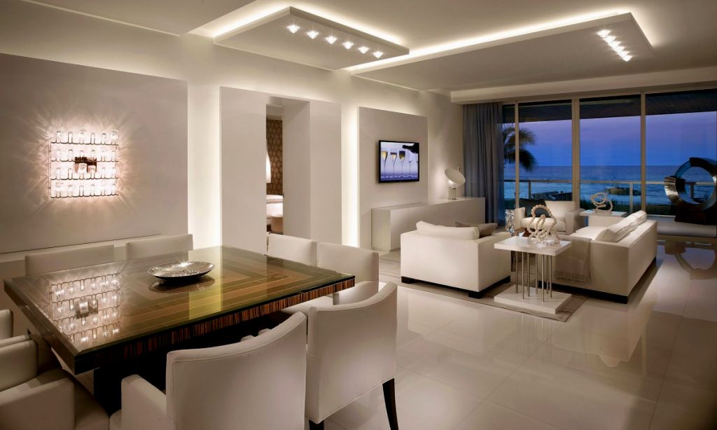 Ambient lighting in a cozy living room with soft white lighting.